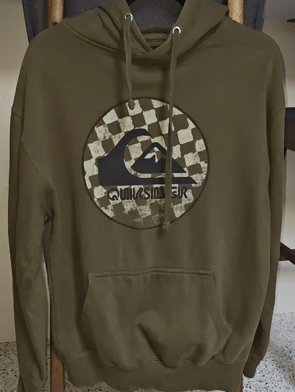 Quiksilver Men's Olive Green Hooded Sweatshirt with Checker Logo